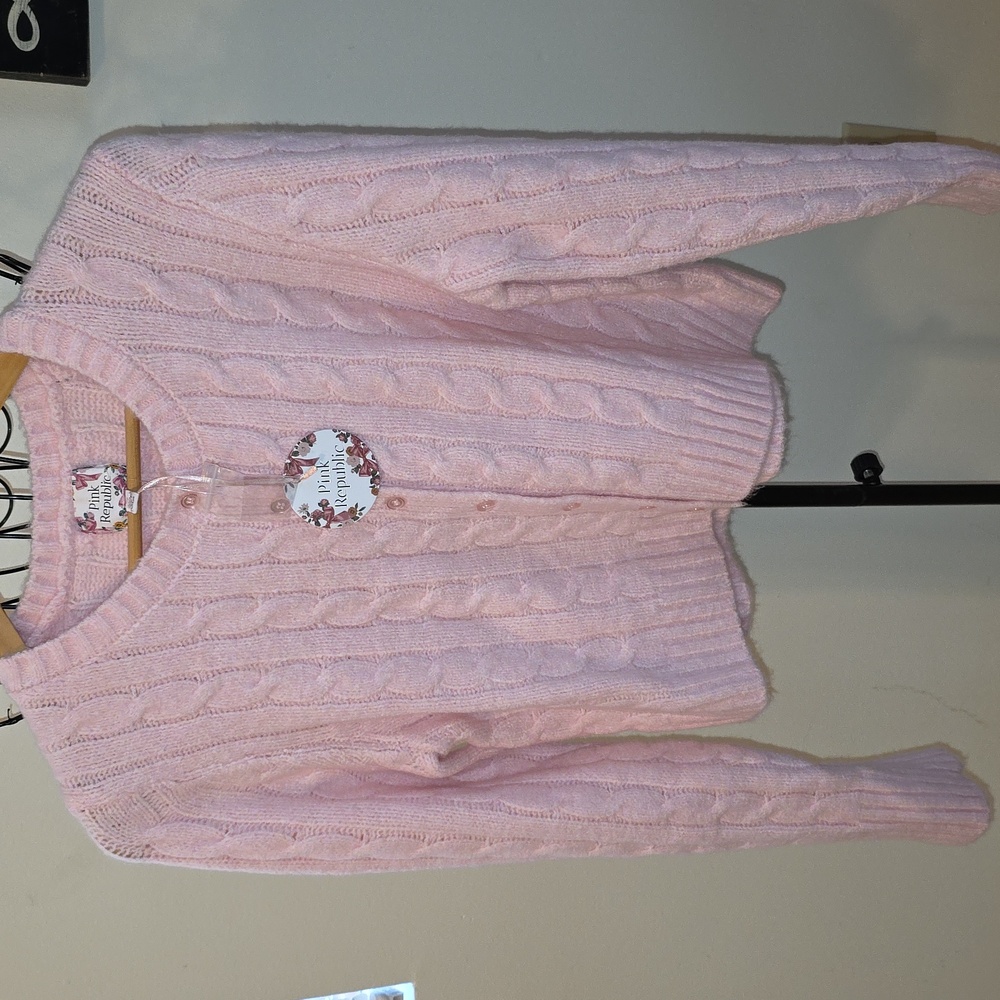 Pink Republic Women's Soft Pink Button Up Sweater Cable Knit Size XL (Joni # 9)